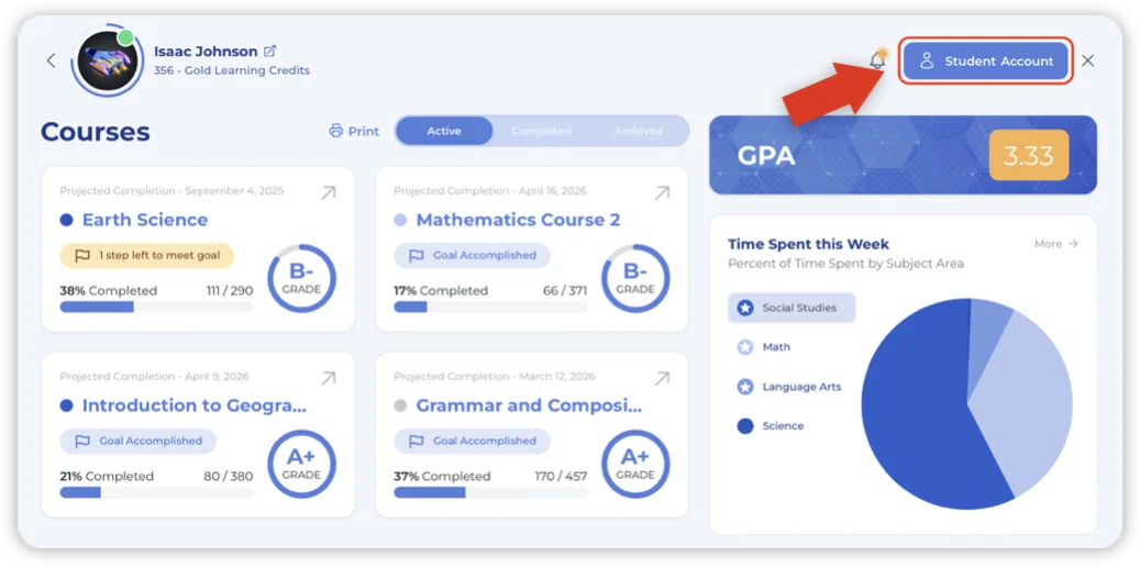 Select the Student Account button in the upper right corner to find student login information.