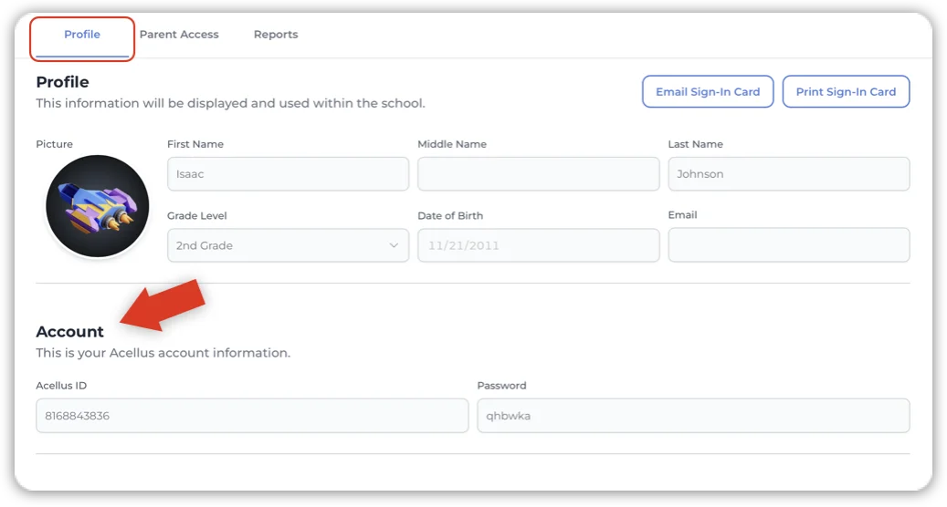 Under the profile tab you can see your student's Acellus ID and Password.