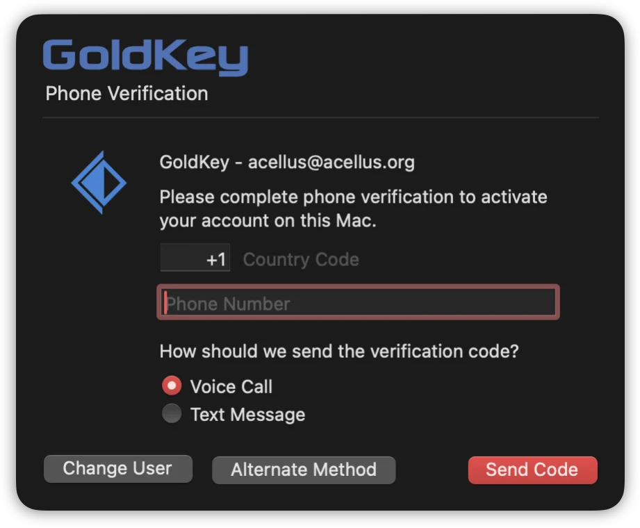 Verify your phone number to complete your GoldKey setup.