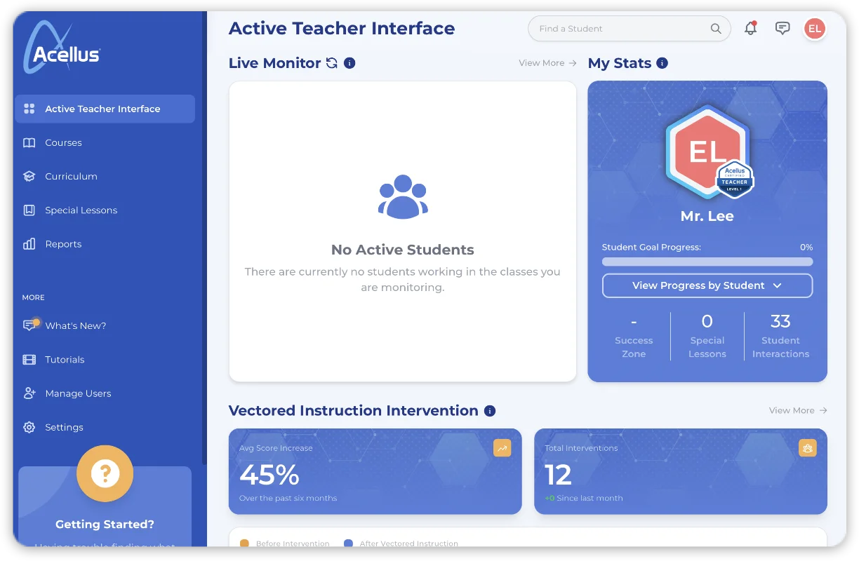 The Active Teacher Interface, is where you monitor and manage students in the Acellus system.