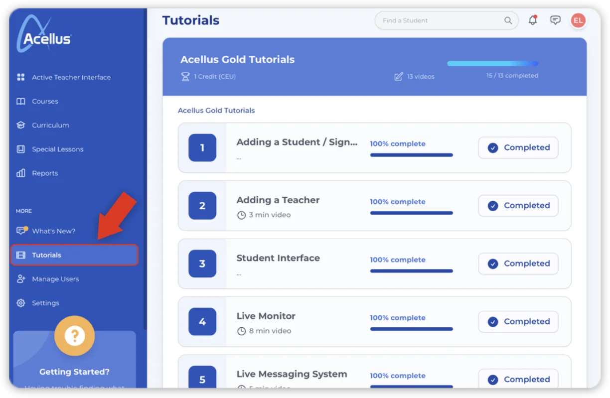 The Acellus Teacher Tutorials are available through the Teacher Interface.